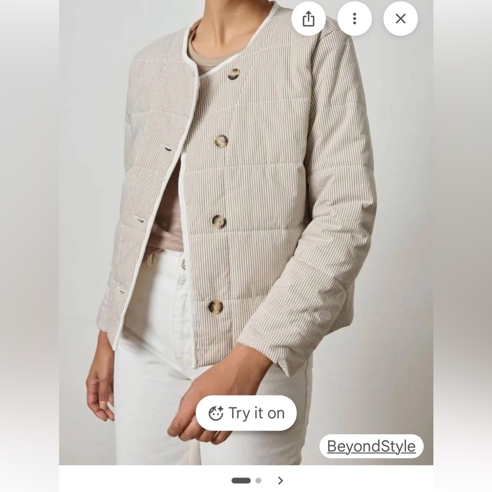 NWT LILLA P Collarless Striped Tan & White Women's Jacket Size L - Picture 2 of 6